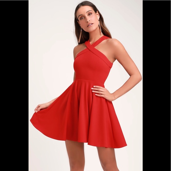 NWOT LULU’S The Way You Look Tonight Red Halter Skater Dress S - Picture 5 of 5